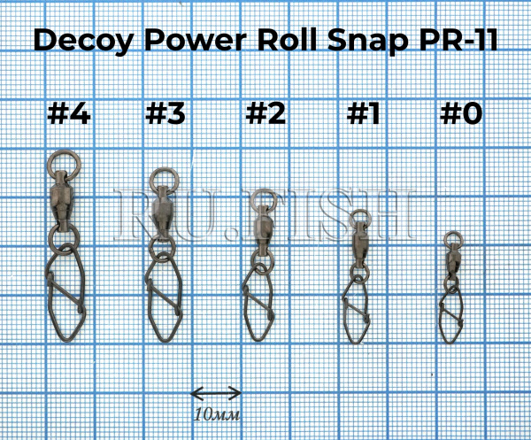Карабин с вертлюгом Decoy Power Roll Snap PR-11, размерная сетка в миллиметрах
